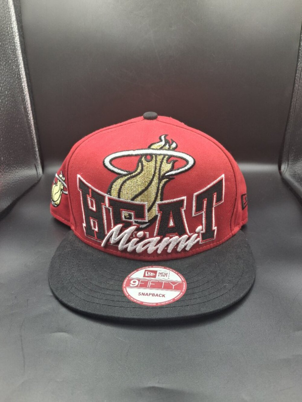 Miami Heat Basketball New Era Red/Black/Gold 9Fifty Snapback Hat Cap EUC